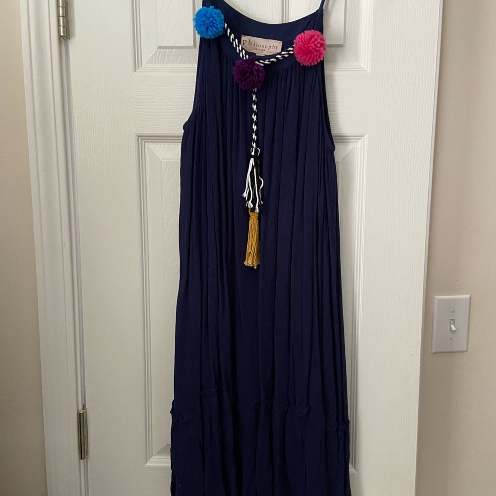 Philosophy Dress Womens S Sleeveless Navy Blue Flowy Boho NWT, Ruffle Bottom